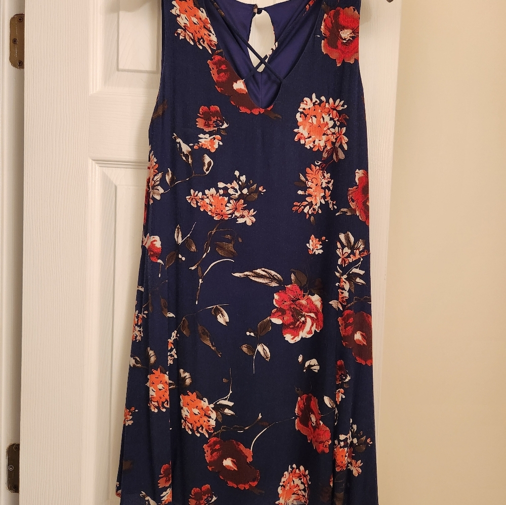 Light and airy blue dress with red flowers. Fully lined.